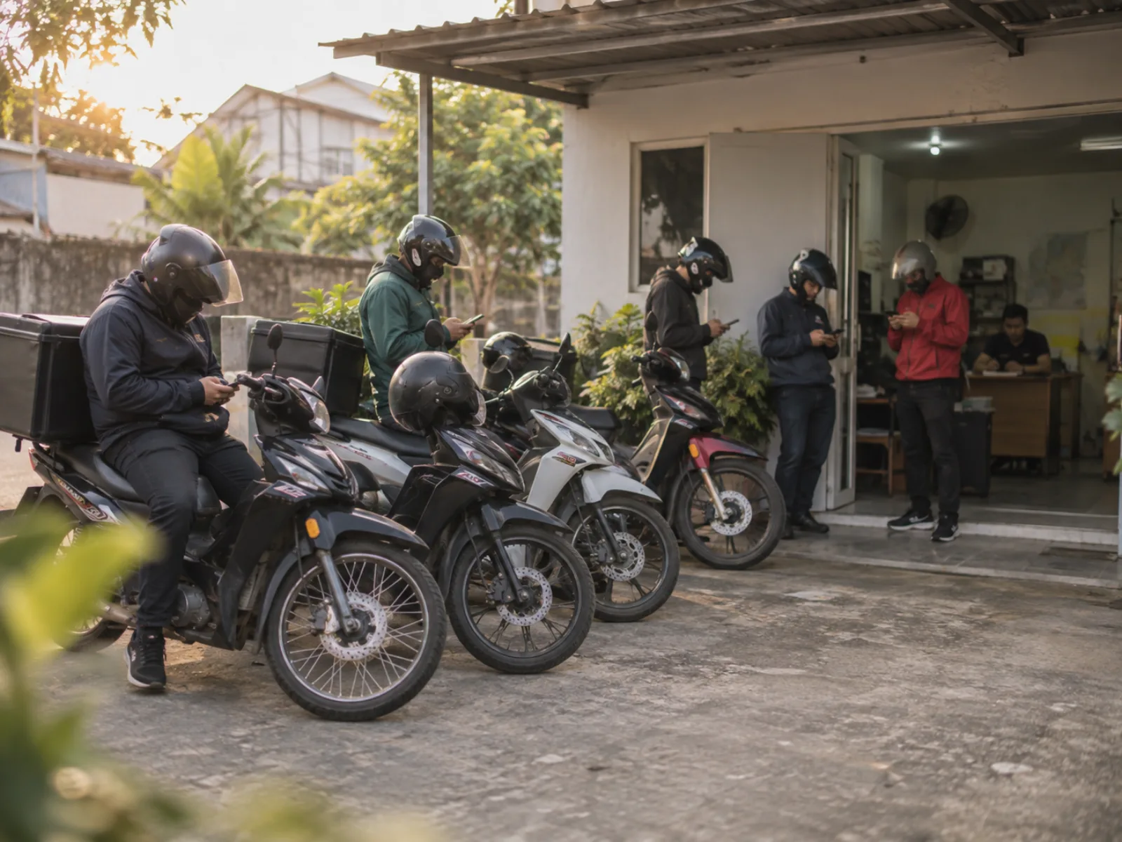 Flotilla de motos de mensajería lista para salir a ruta