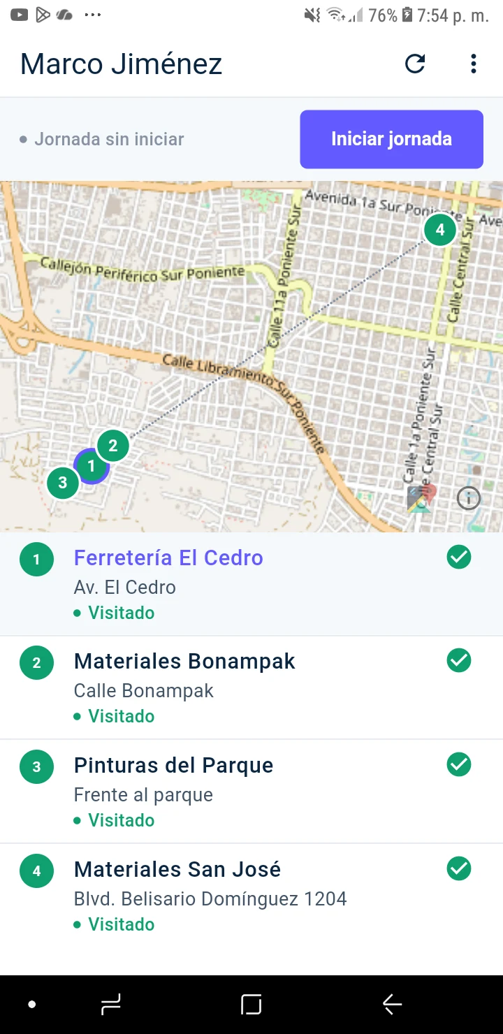 App del vendedor en el celular, con su ruta del día y las paradas visitadas
