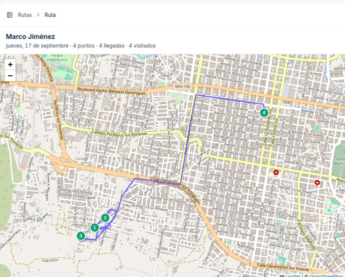 Mapa de la ruta del día con el recorrido real sobre las calles de Tuxtla Gutiérrez